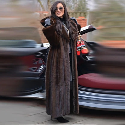 Women's Dark Brown Faux Mink Fur Hooded Coat 2025 Winter Long Length Belted Warm Luxury Jacket for Daily Party...