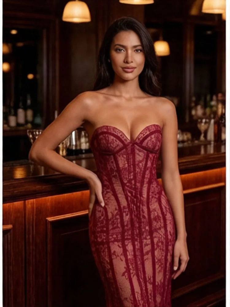 Sexy Strapless Lace Corset Long Dress Women Wine Red Black Sleeveless Summer Floral Slim Dresses Celebrity Evening Party...