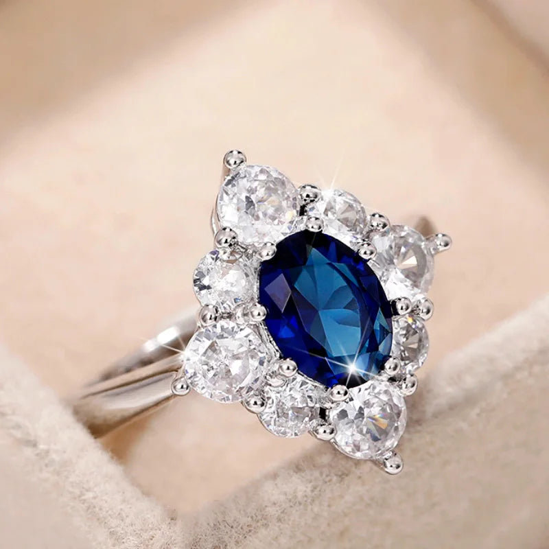 CAOSHI Luxury Blue Crystal Stone Rings with Tiny Flower Cubic Zirconia Pretty Women's Jewelry Elegant Engagement Accessories