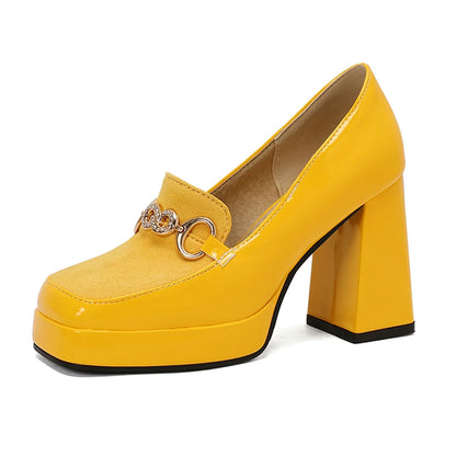 Extra Big Size 49 50 Bright Yellow Metal Crystal Chain Woman's Pumps Spring Fall Shoes Slip-on Loafers Platform Block High Heels