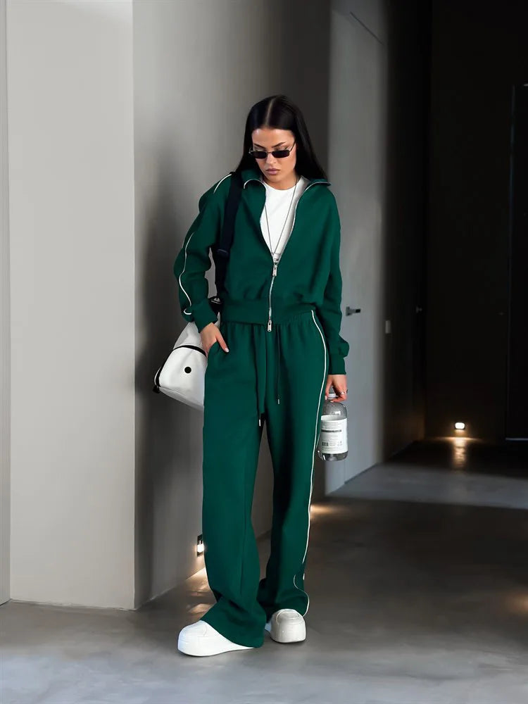 Casual Fashion Suit Ladies Zipper Cardigan Jacket Sports Tether Trousers Two-Piece Ladies Street Style Suit - Kimlud
