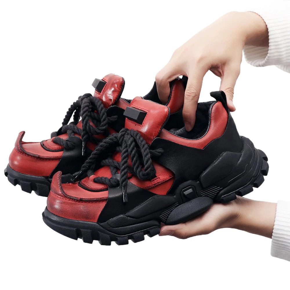 Fashion Genuine Leather Platform Ankle Motorcycle Boots Casual Chunky Walking Boots Low Cut Derby Shoes Men's Loafers Red