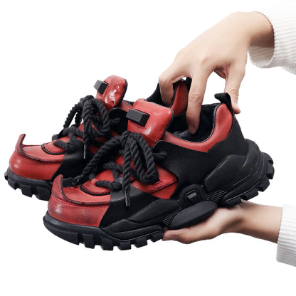 Fashion Genuine Leather Platform Ankle Motorcycle Boots Casual Chunky Walking Boots Low Cut Derby Shoes Men's Loafers Red