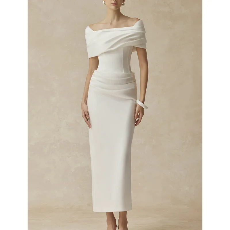 French Elegant Temperament Off-shoulder Short Sleeves High Waist Bodycon White Evening Party Long Dress for Women 2026...