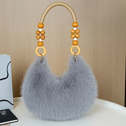 Women's Faux Handbag, Plush Faux Tote Purse with Bead Accented Strap, Zipper Closure Elegant Handbags Shoulder Bags for Everyday