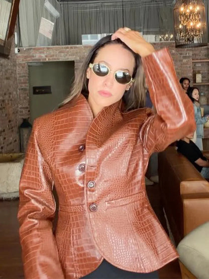 Fashion Crocodile Embossed Faux Leather Women's Jacket Stand Collar Short Slim Long Sleeve Coat Chic 2026 Autumn New...