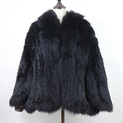 Hot Women Knitted 100% Real Rabbit Fur Shawl Winter Warm Genuine Rabbit Fur Pashmina Coat With Fox Fur Collar For Female...