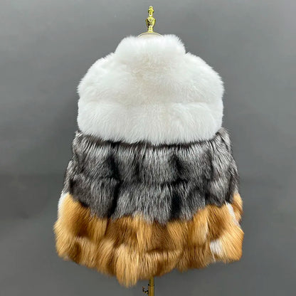 JANEFUR Women's Winter Warm Cloak True Fox Fur Cloak Six-section Stand-up Collar Fox Poncho Winter Female Cape