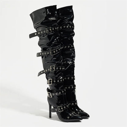 Liyke Punk Style Women Buckle Belt Strap Over The Knee Boots Fashion Zipper Thigh High Shoes Pointed Toe Party Strippers Heels