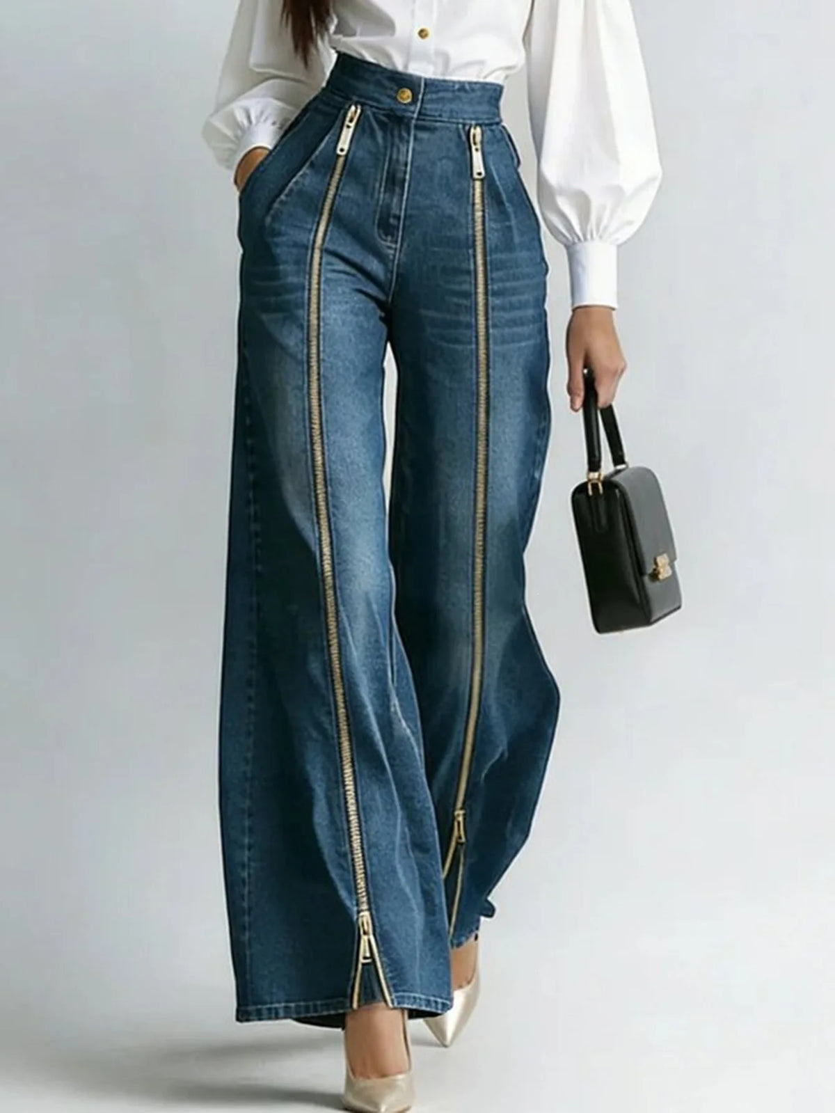 SHENGPALAE Women Denim Jeans High Waist Wide Leg Double Zipper Spliced Split Hem Vintage Streetwear Chic Autumn 2026 New...