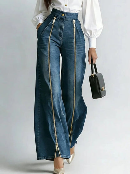 SHENGPALAE Women Denim Jeans High Waist Wide Leg Double Zipper Spliced Split Hem Vintage Streetwear Chic Autumn 2026 New...