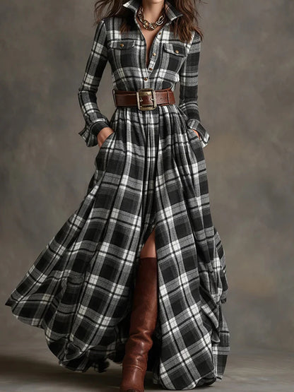2025 Turn-Down Collar Patchwork Party Dress, Women Spring Autumn Long Sleeve Chic Maxi Dress, Plaid Printed Loose Cardigan Dress