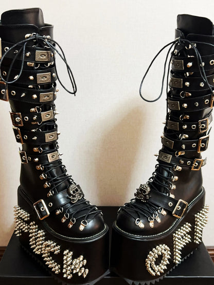 Women Motorcycle Boots women super high thick Heels pumps Cool Lady knight customized boots girl punk Gothic long boots rivets