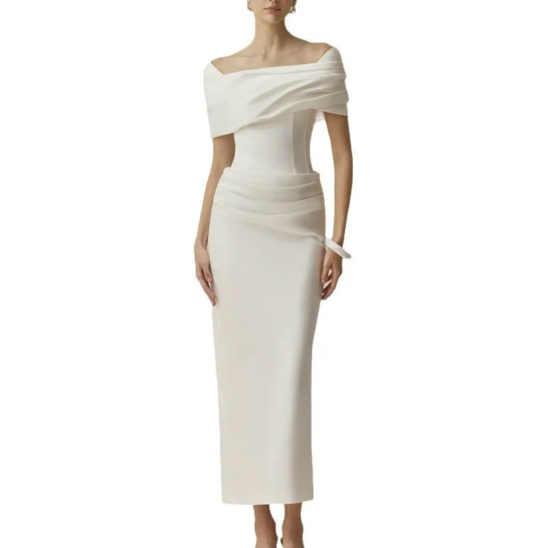 French Elegant Temperament Off-shoulder Short Sleeves High Waist Bodycon White Evening Party Long Dress for Women 2026...