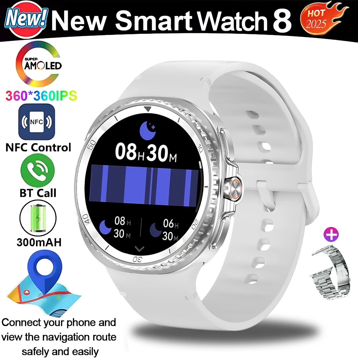 New Smart Watch 8 classic Rotating Dial AMOLED HD Screen Men's GPS NFC Sport modes Fitness Heart Rate Bluetooth Call Smart Watch