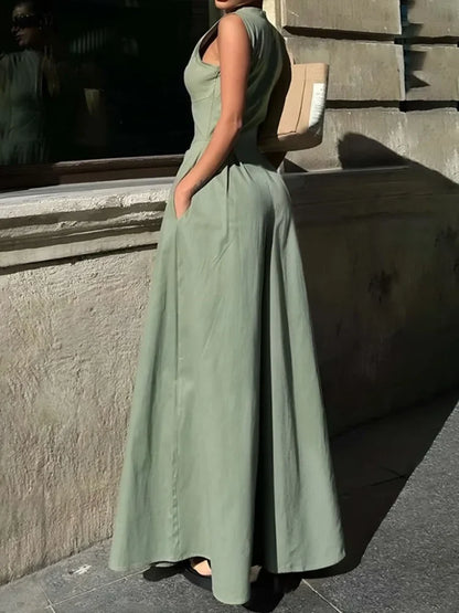 UOOZEE Summer Sleeveless Jumpsuits Women Solid Color V-Neck Zipper Loose Pockets High Waist Wide Leg One-piece Outfits 2025 New - Kimlud