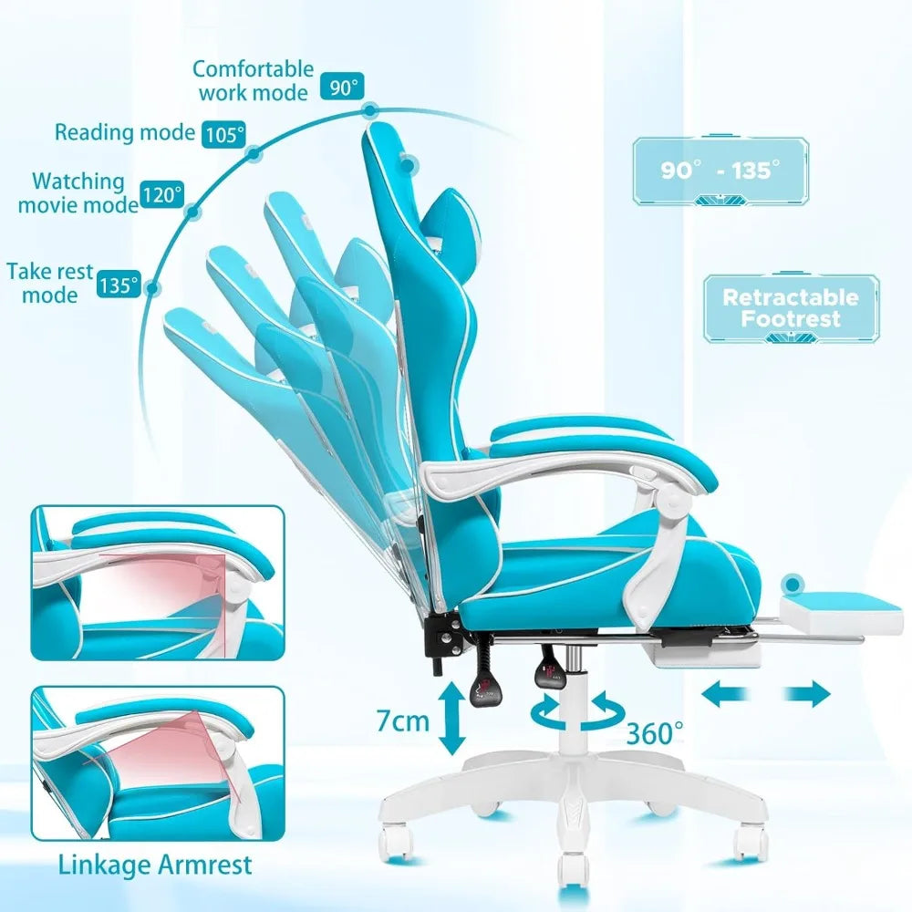 Light Blue & White Kids Massage Gaming Chair - Reclining PC Chair with Footrest, Lumbar Support & Headrest for Gaming Room