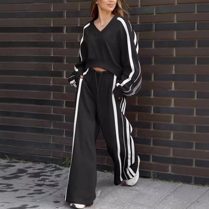 New Fashion Long-sleeved V-neck Cropped Top + Wide-leg Pants 2-piece Set For Women Autumn Color-blocked Pocket Loose Suit Female