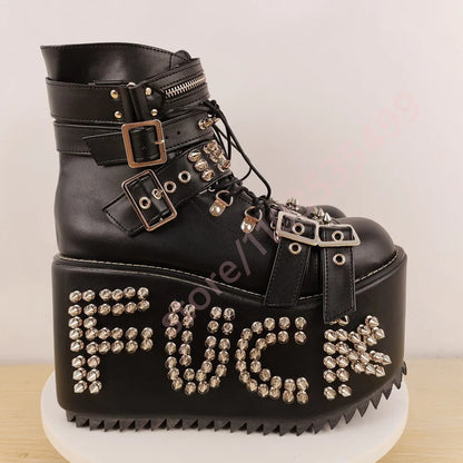 Punk Platform Studded Stage Boots 2025 New Street Rock Lace-Up Wedge Motorcycle Boots Fashion Cool Girl Party Casual Long Boots