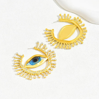 Gold Color Big Evil Eye Hoop Earrings For Women Gold Color Exaggerated Crystal Stone Left Right Side Statement Earrings For Girl