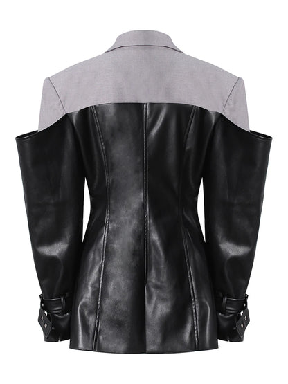 TWOTWINSTYLE Hit Color Slimming Fashion Jackets for Women Lapel Long Sleeves Tunic Patchwork Leather Streetwear Jacket Female - Kimlud