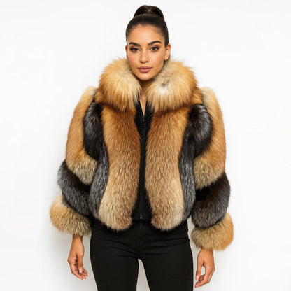 Women's Real Red Fox Fur Jacket With Silver Fox Collar Coat Thick Warm and Fashionable in Winter 23A0616