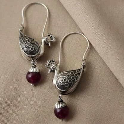 Ladies' Vintage Bird Shape Long Hook Earrings Metal Carved Pattern Design Retro Silver Plated Earrings Personalized Jewelry