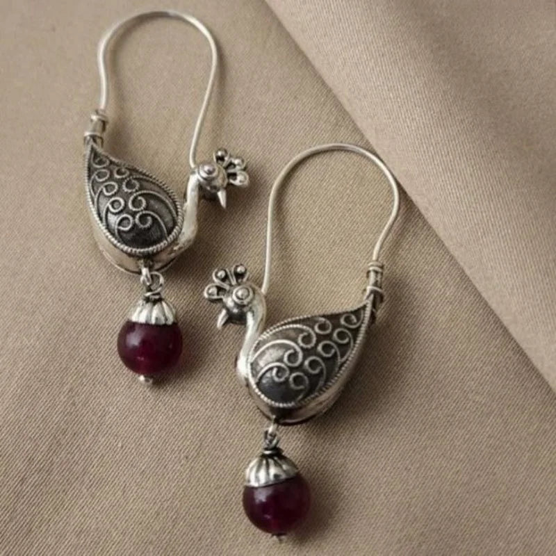 Ladies' Vintage Bird Shape Long Hook Earrings Metal Carved Pattern Design Retro Silver Plated Earrings Personalized Jewelry