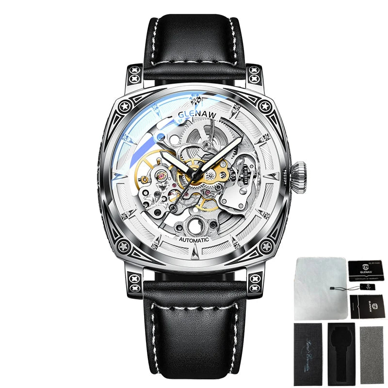 Relogios Masculino Glenaw Mens Watches Top Brand Luxury Personal Carving Watch Men's Stainless Steel Waterproof Watch Montre Hom