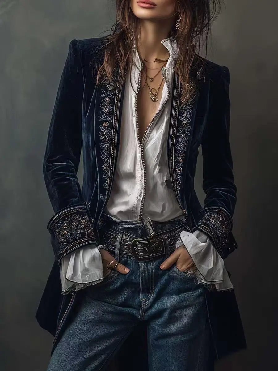 Retro Women's Jacket Loose Casual Temperament Fashion Printed Palace Style Jacket Long Sleeves Spliced gold Velvet Outerwears