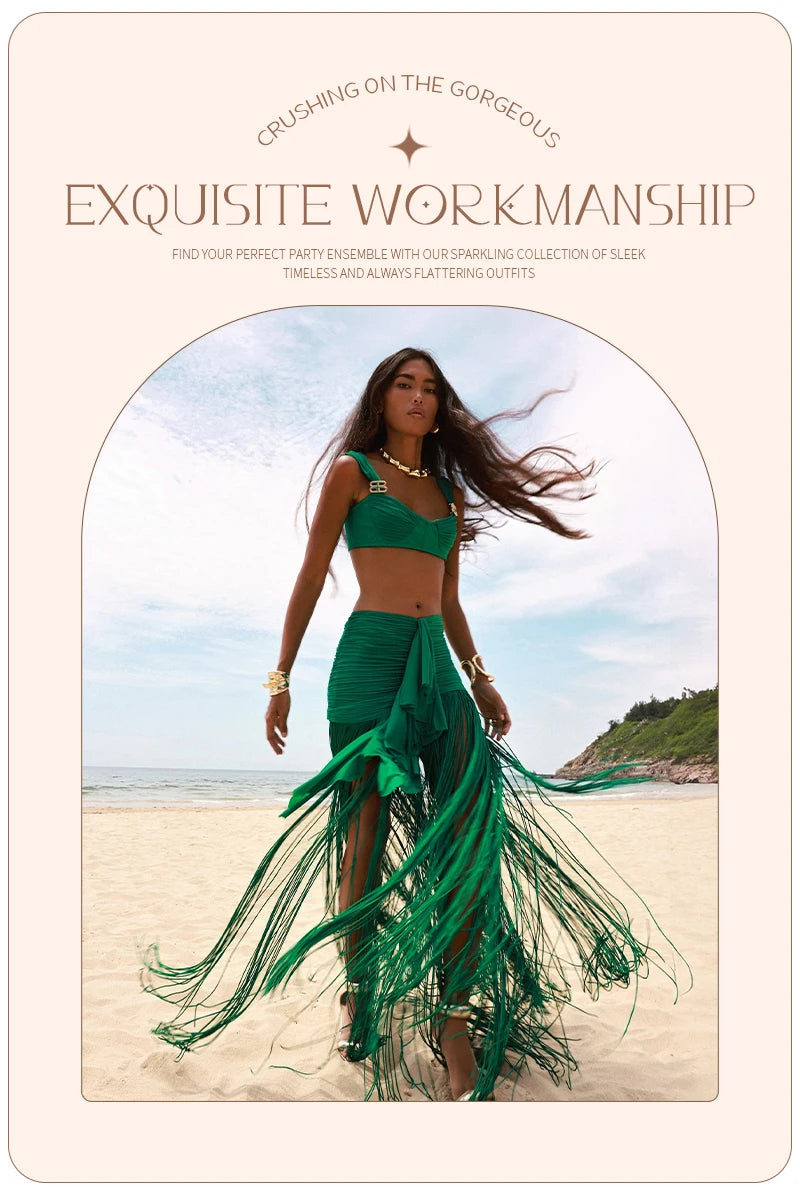 VC Fashion Summer Beach Green Tassel Dress And Cropped Top Set Ruched Waist Design for Vacation Party