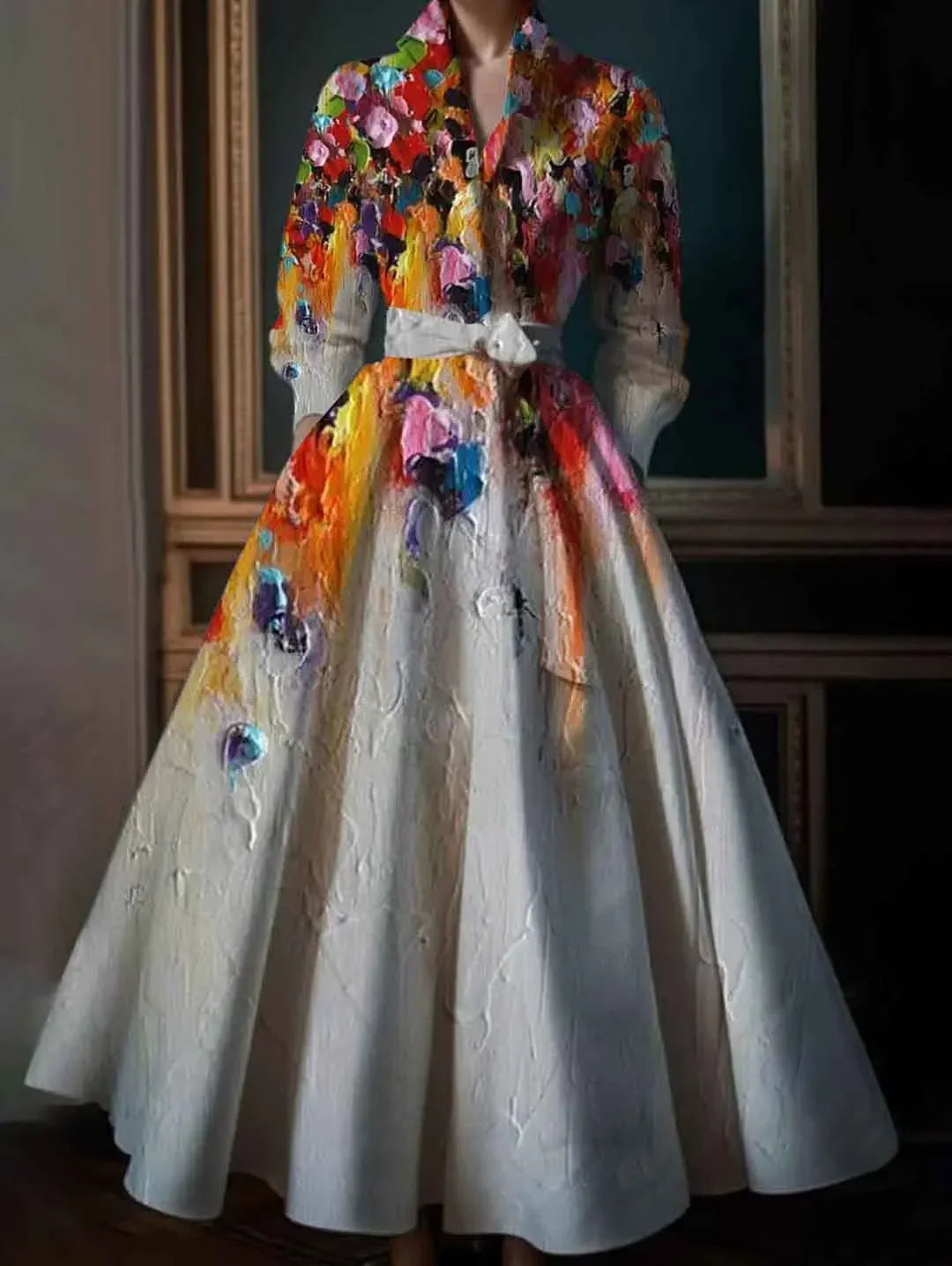 Vintage Floral Paint Print A-Line Dress Lapel Collar Elegant Vintage Long Sleeve Single Breasted Pleated Women Dress with Belt