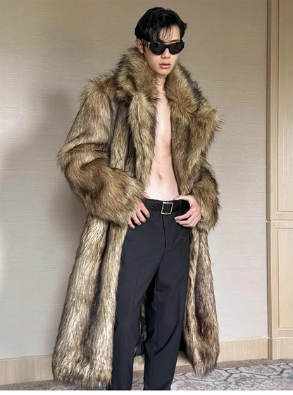 Men's fur coat, Wolf fur, fox fur, lapel long overcoat, winter windproof and warm windbreaker, large size