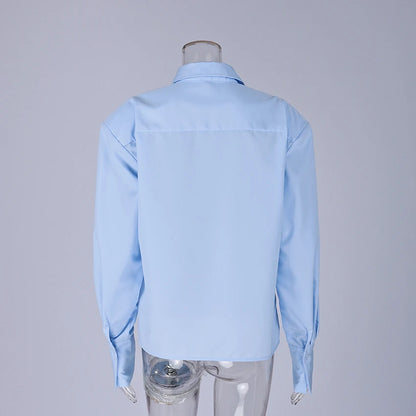 Linad Casual White Puff Sleeve Shirts Female Office Lady Blue Single-Breasted Woman Blouse 2026 Street Chic Lapel Tops...