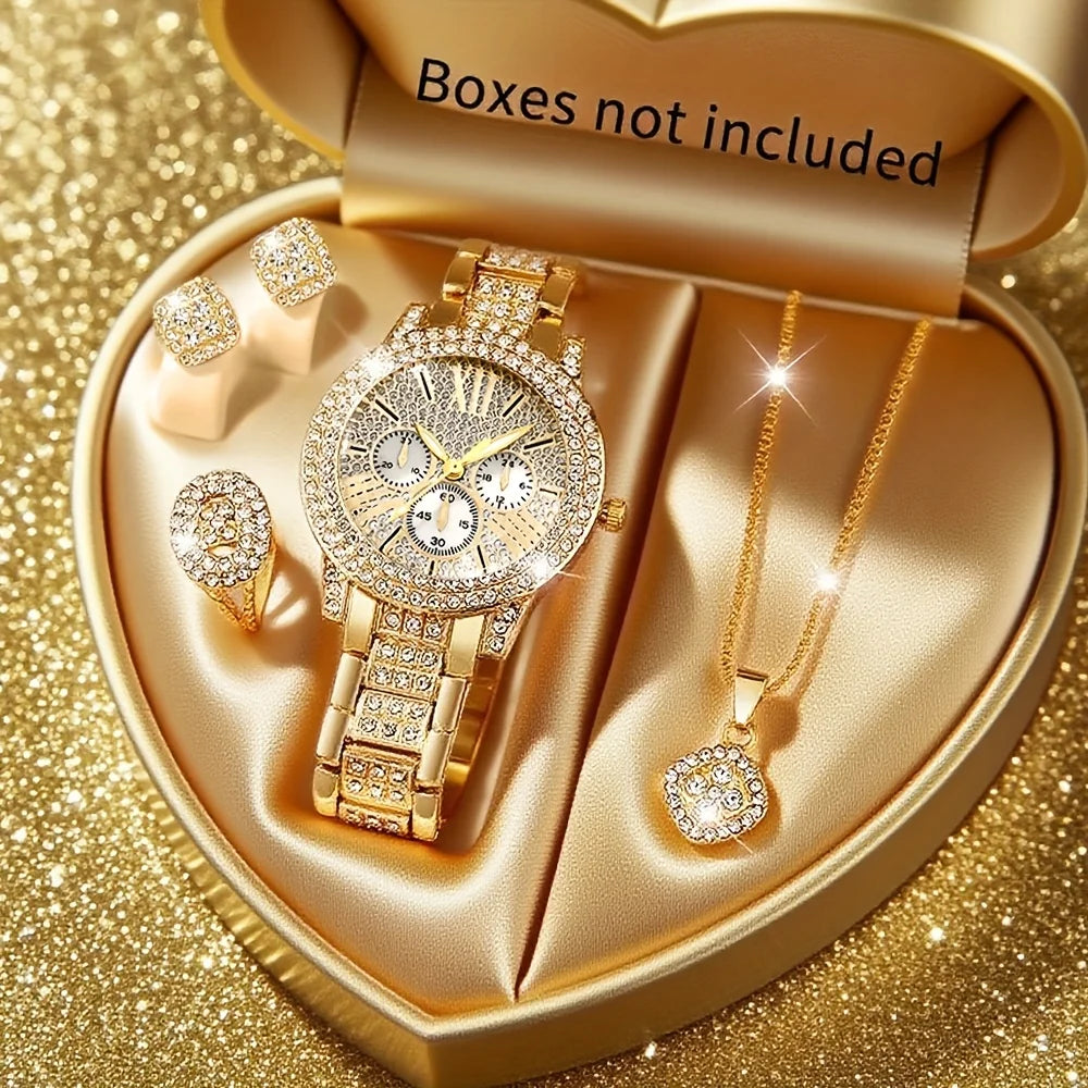 5PCS Elegant Women's Watch Jewelry Set Fashion Rhinestone Ladies Quartz Wristwatch Reloj Mujer Girls Clock Gift（Without Box）