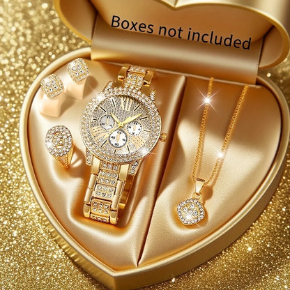 5PCS Elegant Women's Watch Jewelry Set Fashion Rhinestone Ladies Quartz Wristwatch Reloj Mujer Girls Clock Gift（Without Box）