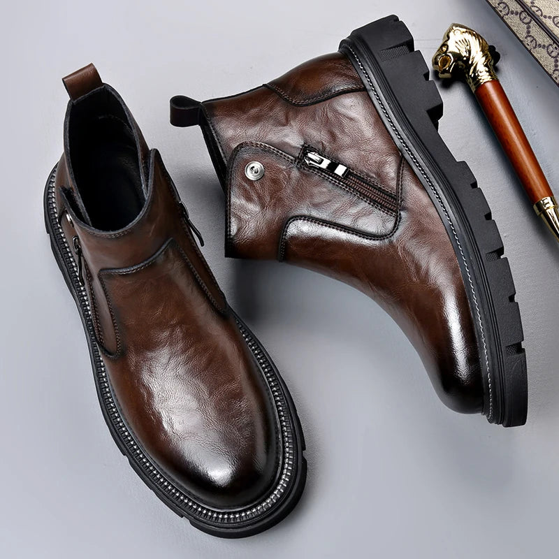 British Style Fashion Men's Casual Leather Boots Outdoor High Top Genuine Leather Non-slip Ankle Boots Retro Style Walking Botas