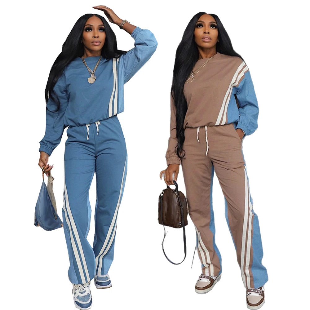 Sweatsuits for Woman 2025 Fall Sports Fashion Color Block Stripe Full Sleeve Sweatshirt and Drawstring Long Pants 2...