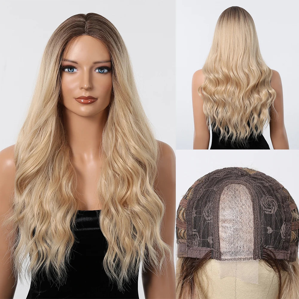 Long Body Wave Blonde Wigs Transparent Lace Frontal Synthetic Wig Middle Part Hair Light Golden Wig for White Women Dairly Party