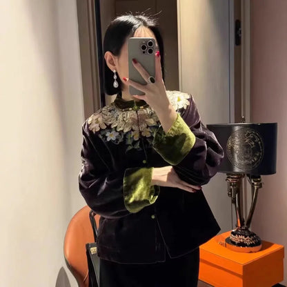 New Chinese Style Women's Velvet Jacket Heavy Embroidery Warm Cotton Coat Autumn Winter Cotton Padded Fashionable Little Cott...