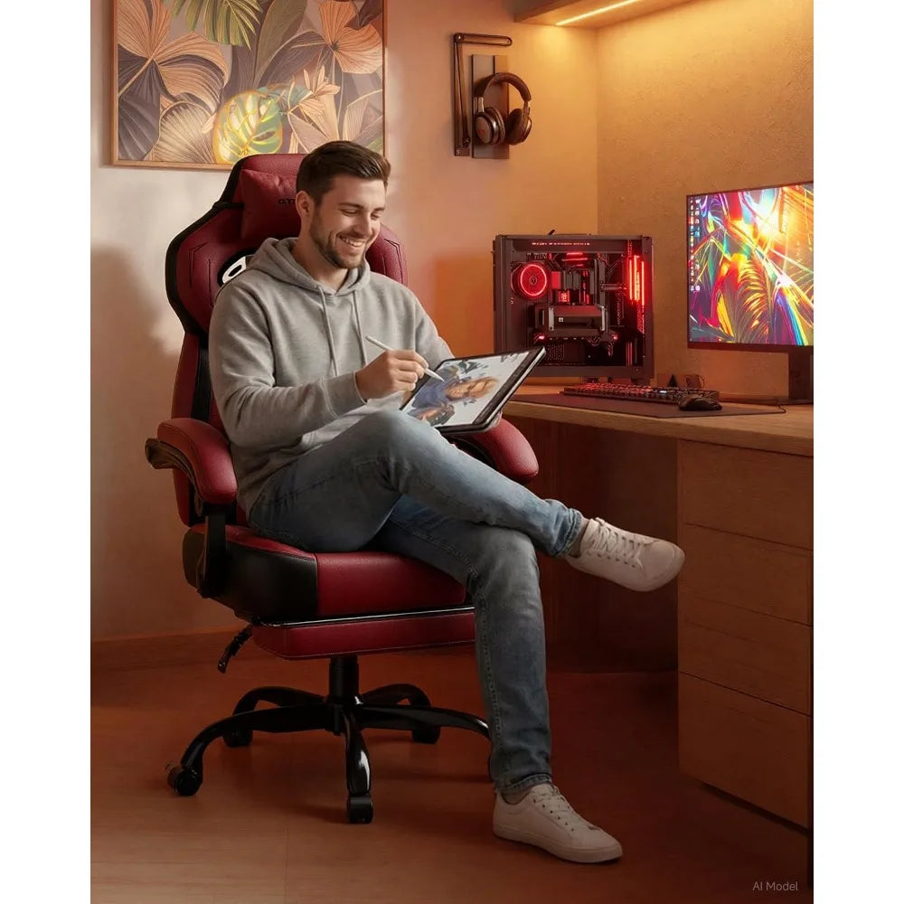 GTPLAYER Ergonomic Gaming Chair, High Back with Footrest, Wide Seat, Lumbar Support, Wine Red | Kimlud Gaming Luxury Chair