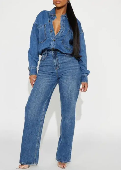 Jumpsuit Women 2026 New Spring Autumn Solid Color Pocket Design Turn-Down Collar Long Sleeved High Waist Casual Denim...