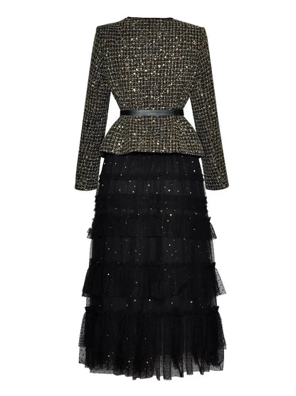 DSXDFACAIRIJ Women's Plaid Jacket And Mesh Ruffle Skirt Two Piece Set O-Neck Long Sleeve Sashes Elastic Waist Office...