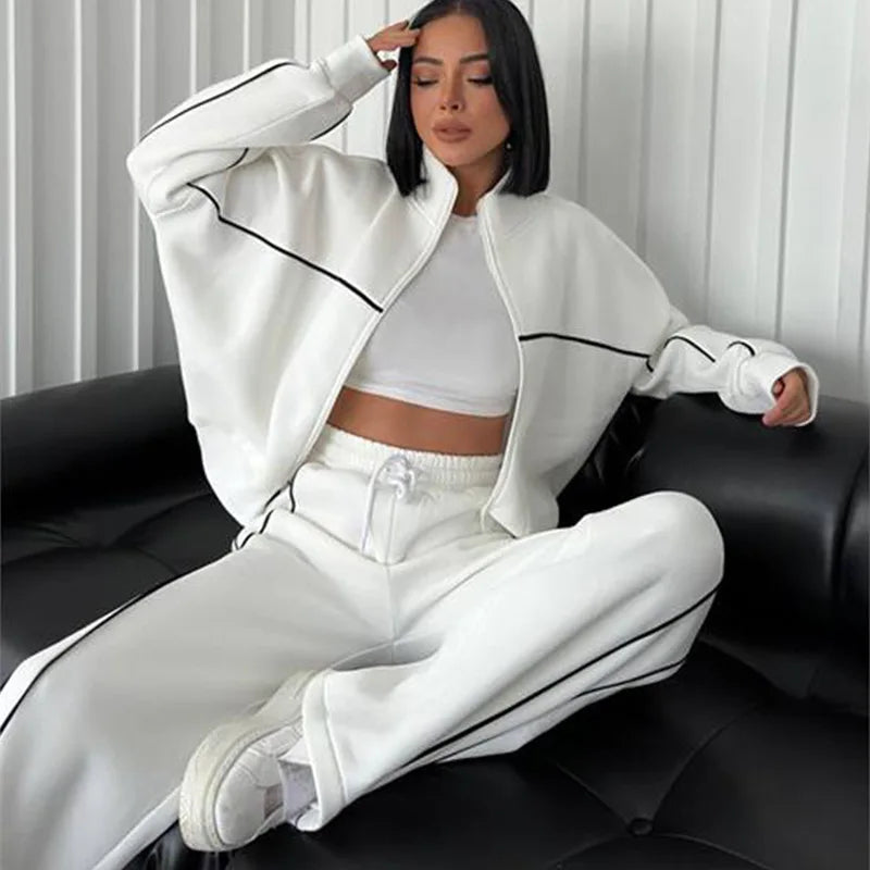 Zekye Women's Clothing Long-sleeved Semi-turtleneck Cardigan Sweater Strappy Striped Trousers Women's Suit Collection 2025 - Kimlud