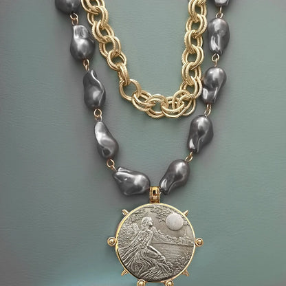 2025 chunky layer Jewelry Luxurious imitation grey pearl exaggerate coin charm pendant Clasps Carabiner Necklace...