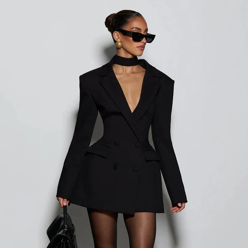 Mozision Deep V Neck Long Sleeve Sexy Mini Blazer Dress Women Elegant Double-breasted High Waist Club Party Blazers Dress