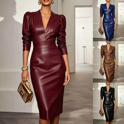 V Neck PU Leather Midi Dress Women Long Sleeve Bodycon Sheath Evening Party Dress | Kimlud Premium Dress