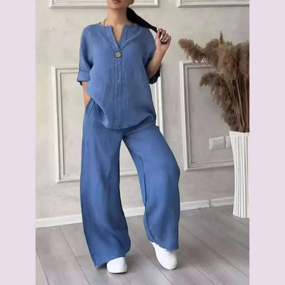 Casual Solid Color Pullover Long Pants 2-piece Set Women's Cotton and Linen Pants Suit White Pink