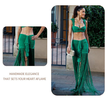 VC Fashion Summer Beach Green Tassel Dress And Cropped Top Set Ruched Waist Design for Vacation Party