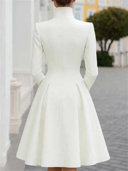 2026 New Women's Elegant White Evening Coat Dress High Neck Double Breasted Long Sleeves Urban Formal Office A-line...